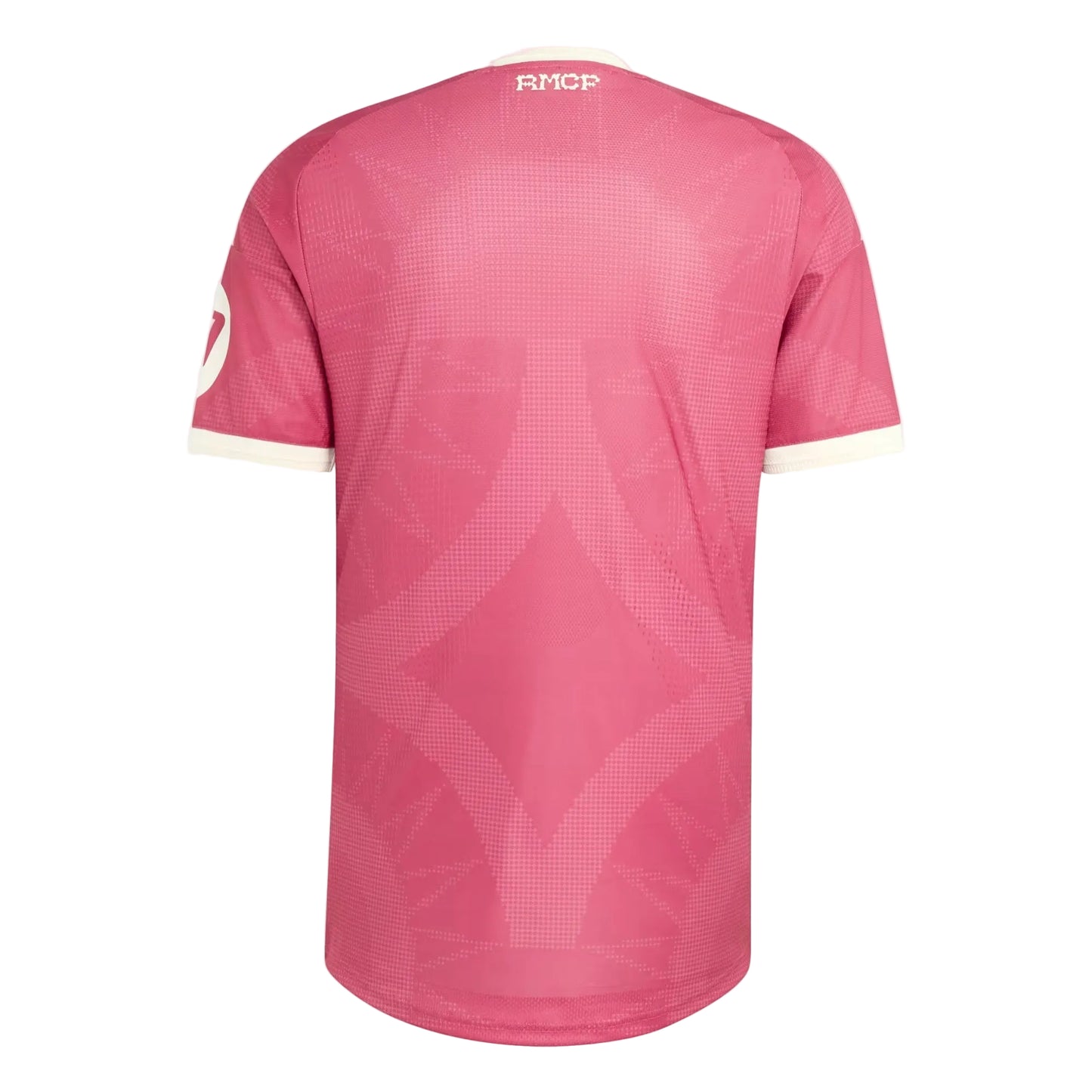 A pink short-sleeve athletic jersey shown from the back, featuring a subtle geometric pattern and a white RMCP logo printed at the top collar, set against a light gray background.