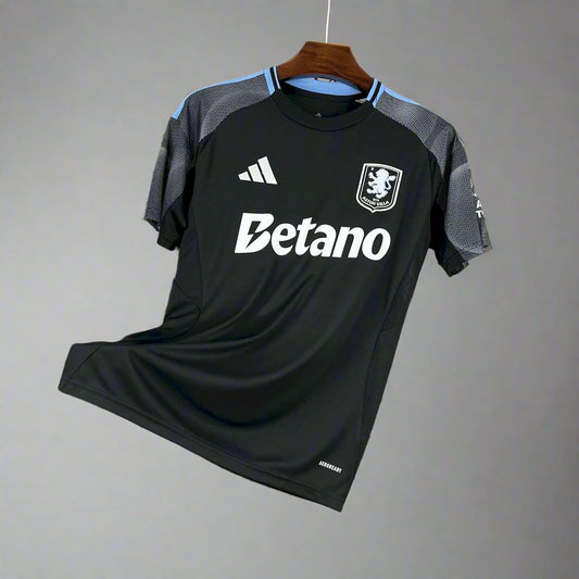 Black sports jersey with Adidas and Betano logos on a hanger against a wire mesh background
