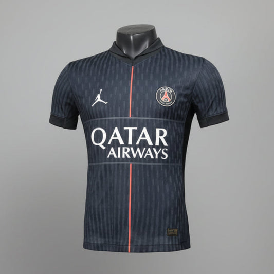 Soccer jersey with brand logos on a mannequin against a gray background