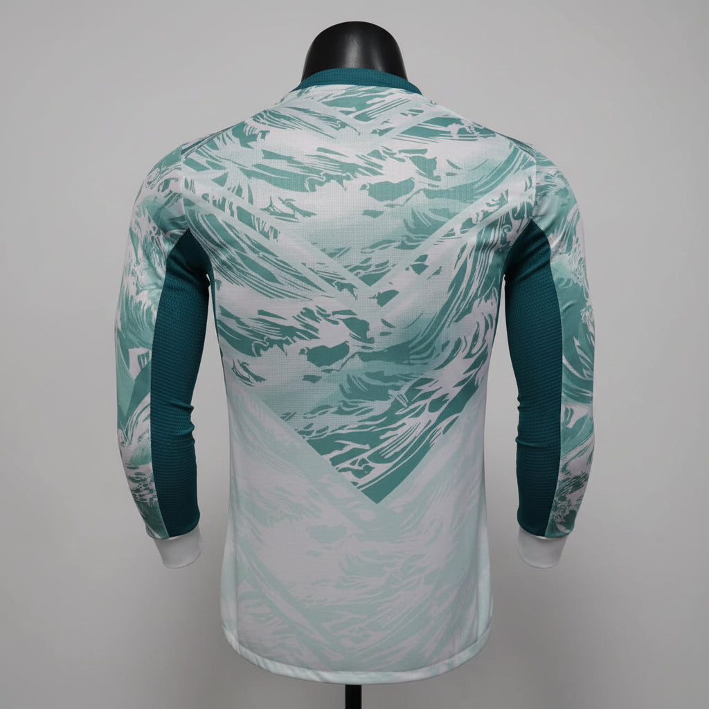 Green and white patterned jacket on a mannequin against a black grid background