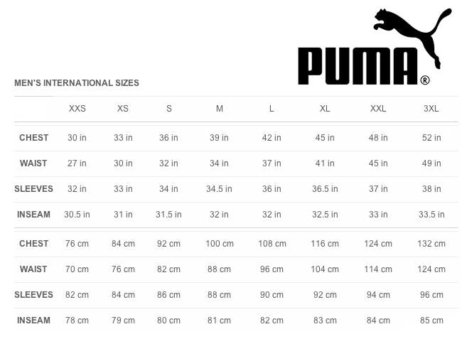 Puma men's jacket size chart online