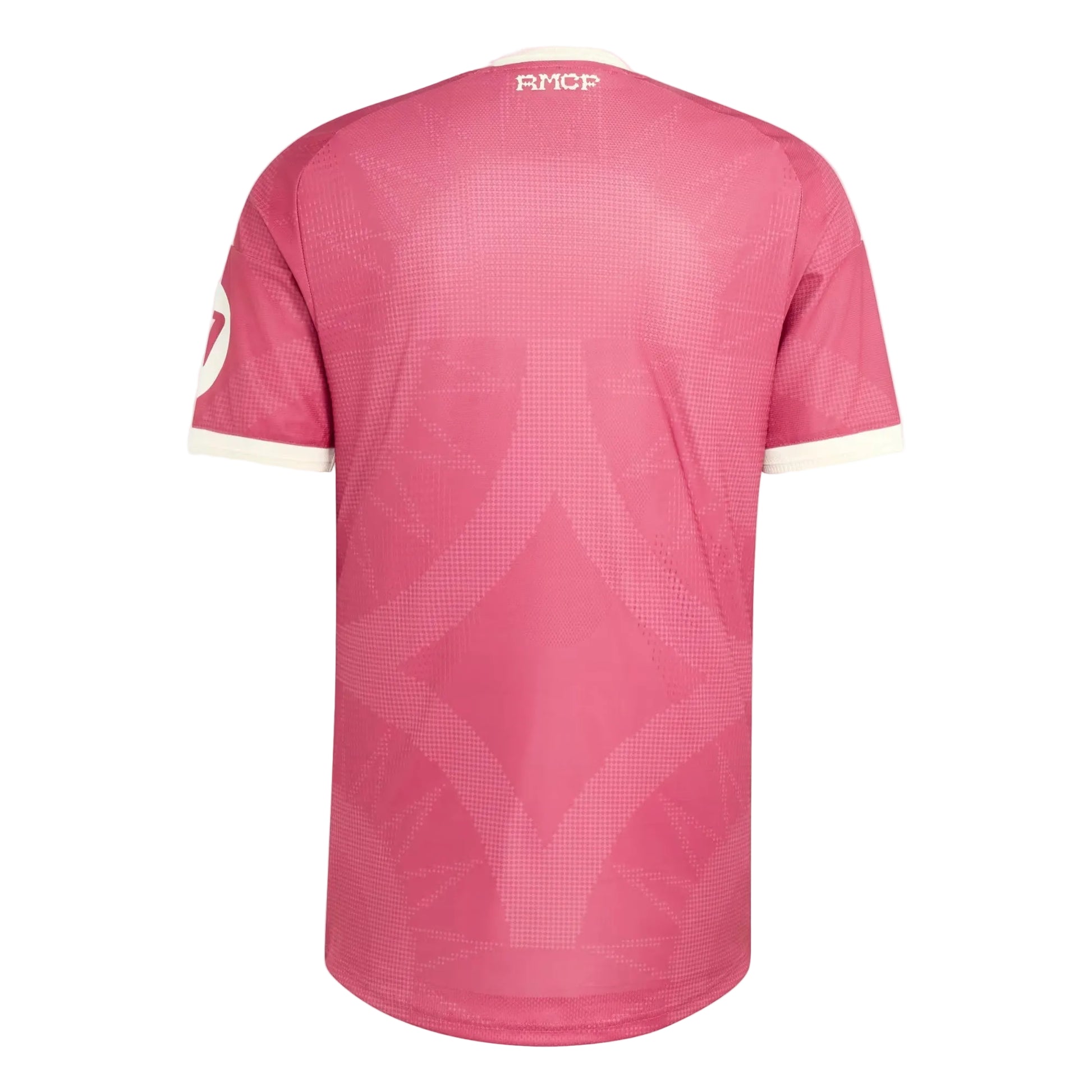 A pink short-sleeve athletic jersey shown from the back, featuring a subtle geometric pattern and a white RMCP logo printed at the top collar, set against a light gray background.