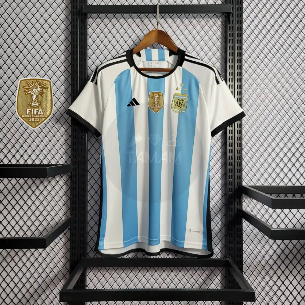 Argentina Home Kit 22/23 International With World Champions Badge Football Jersey